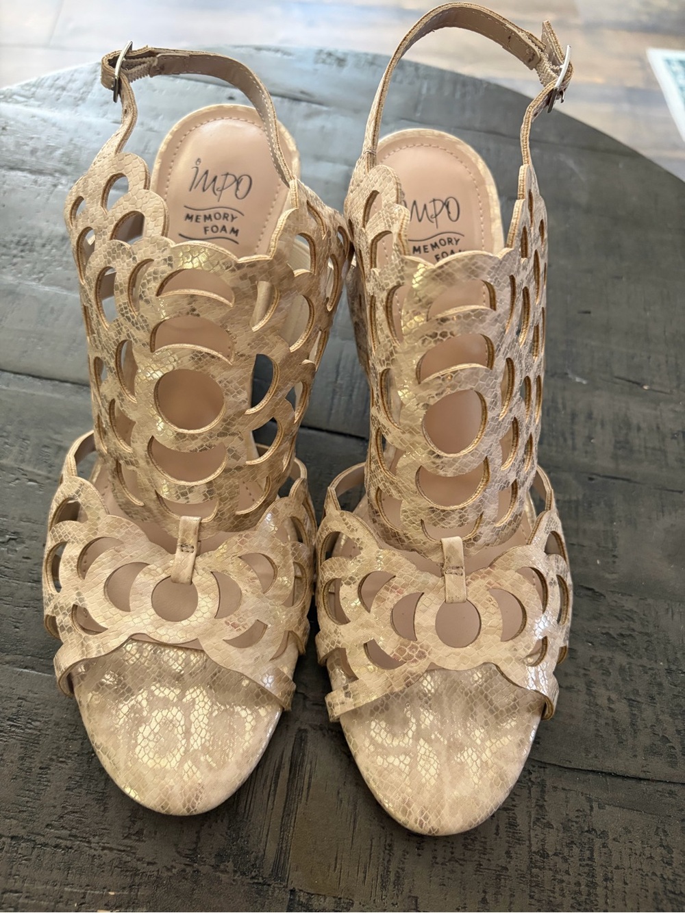 Impo Metallic Gold Laser-Cut Wedge Heel Sandals